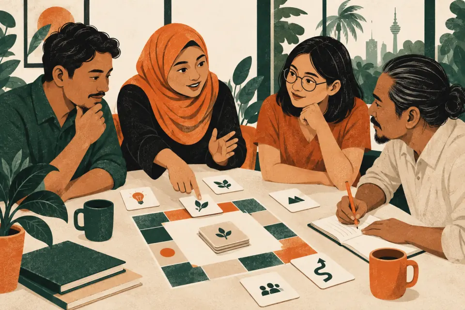 Illustration of four adults discussing a game exercise and recording a next step