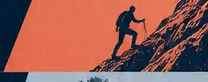 A climber ascending a steep coral-coloured ridge