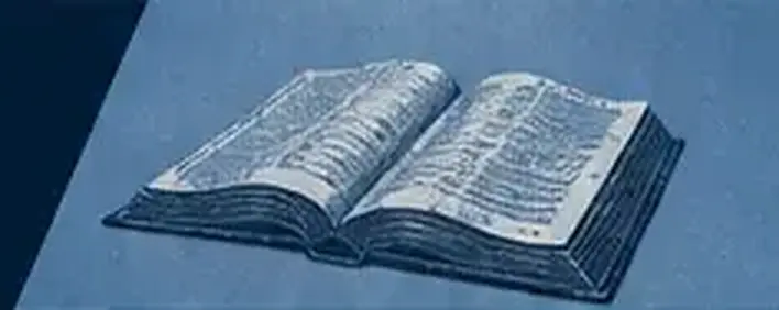 An engraved open book on a muted blue field